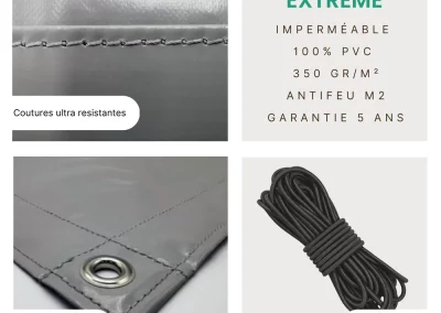 Finitions de la gamme Technique : coutures ultra resistantes, oeillets inox et sandow